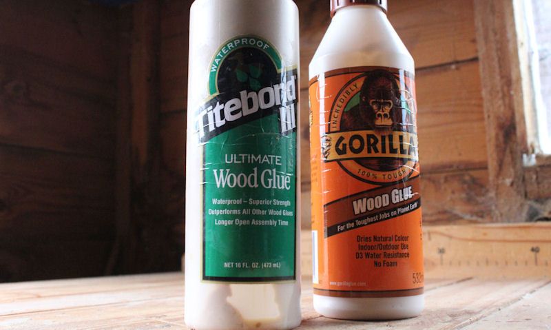 Bottle of Titebond III and Gorilla wood glue on woodworking bench