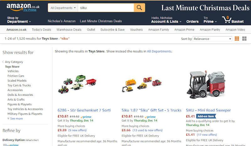 Amazon Siku toy range in catalogue